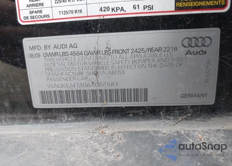 2010 Audi A3 2.0T Premium z USA, uszkodzony, nr VIN WAUKEAFM0AA044583